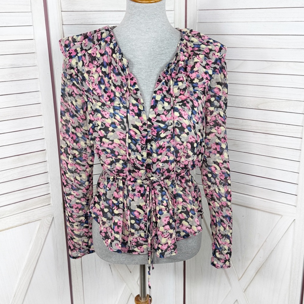 Topshop Abstract Floral Confetti Ruffled Cinch Waist Button Up Blouse Pink 8‎